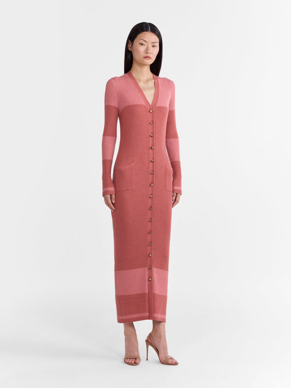 Saloni Venyx Long Rib Cardigan Dress In Cinnamon Metallic