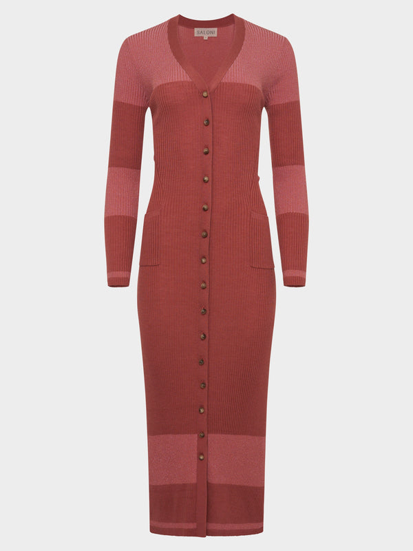 saloni Venyx Long Rib Cardigan Dress in Cinnamon Metallic