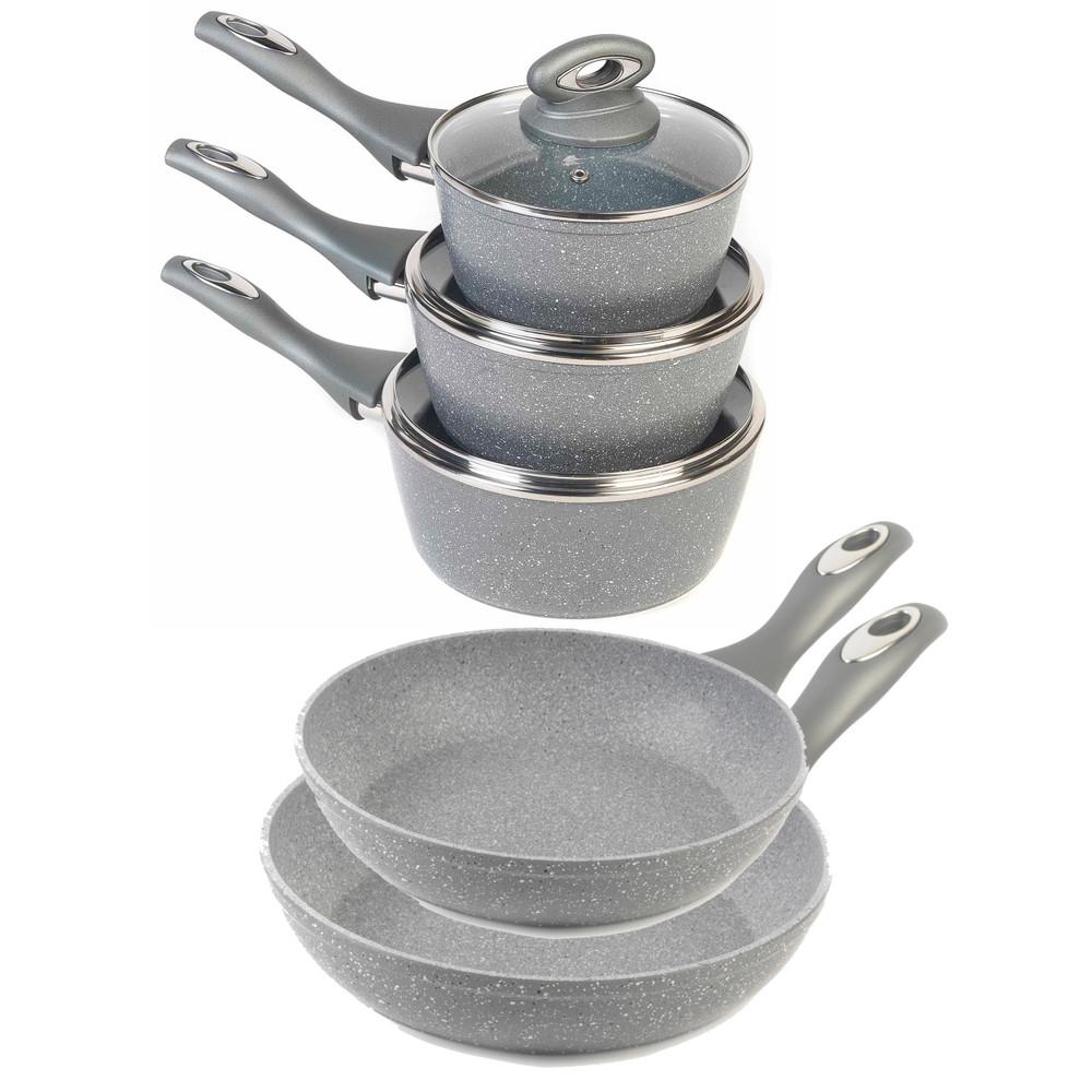 salter 5 Piece Pot and Pan Set Marblestone Collection Grey