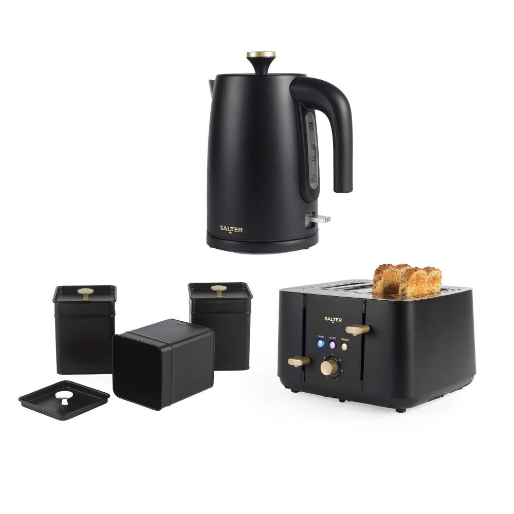 salter Alchemy Kettle 4 - Slice Toaster & Canister Set - Black/Gold