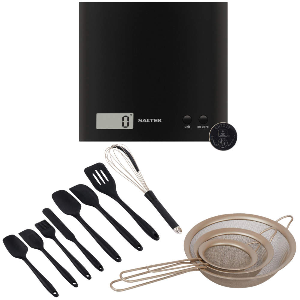 salter Bakes 12 Piece Scale & Utensils Set –Black/Gold
