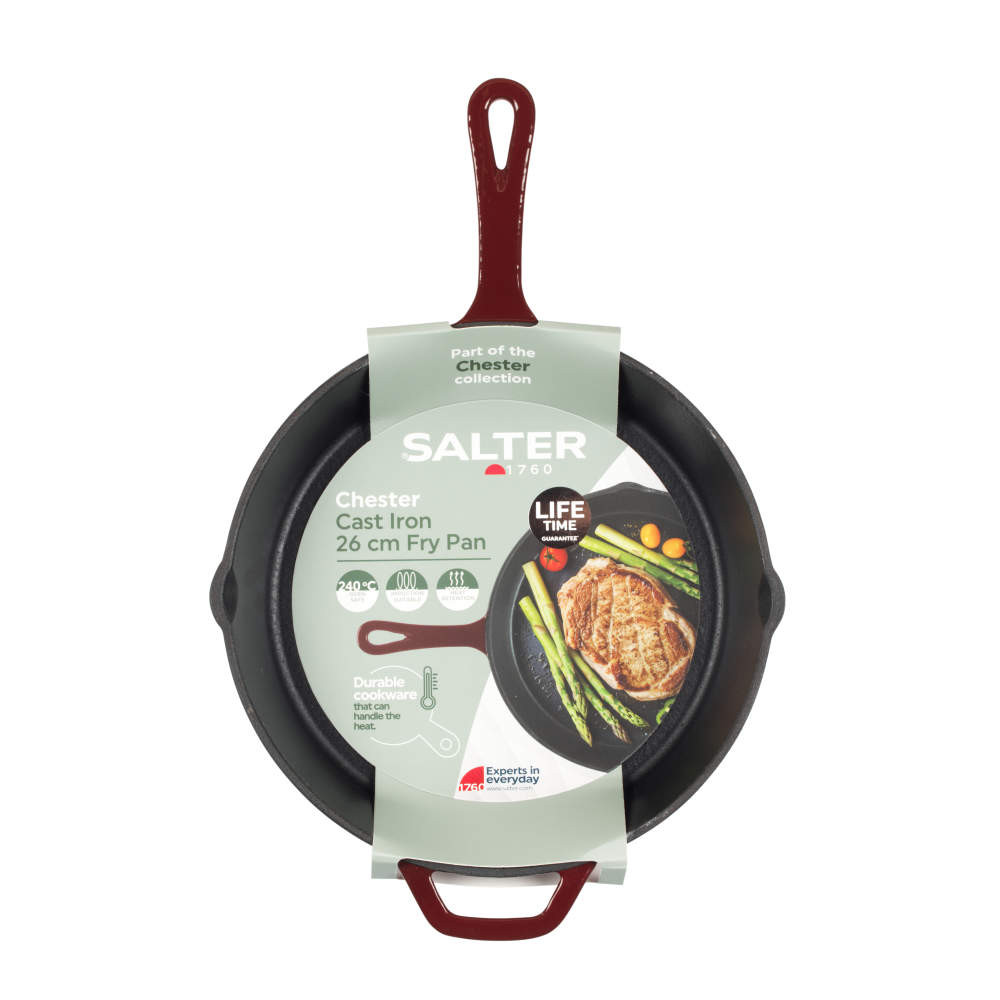 Salter Chester 26cm Cast Iron Frying Pan - Red - PFAS-free