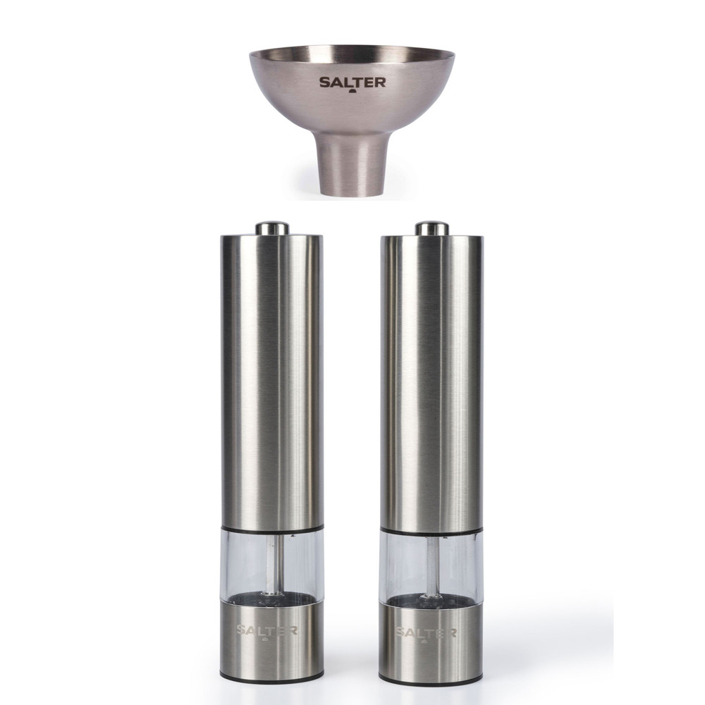 salter Electric Salt & Pepper Grinder Set & Refill Funnel - Sliver