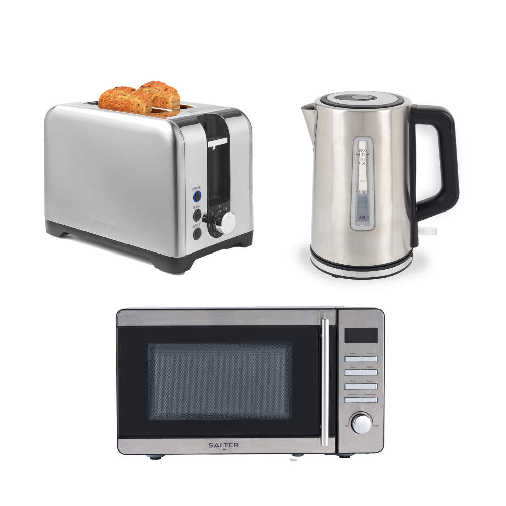 salter Kettle Toaster & Microwave – 3-Piece Stainless Steel Kitchen Countertop Set