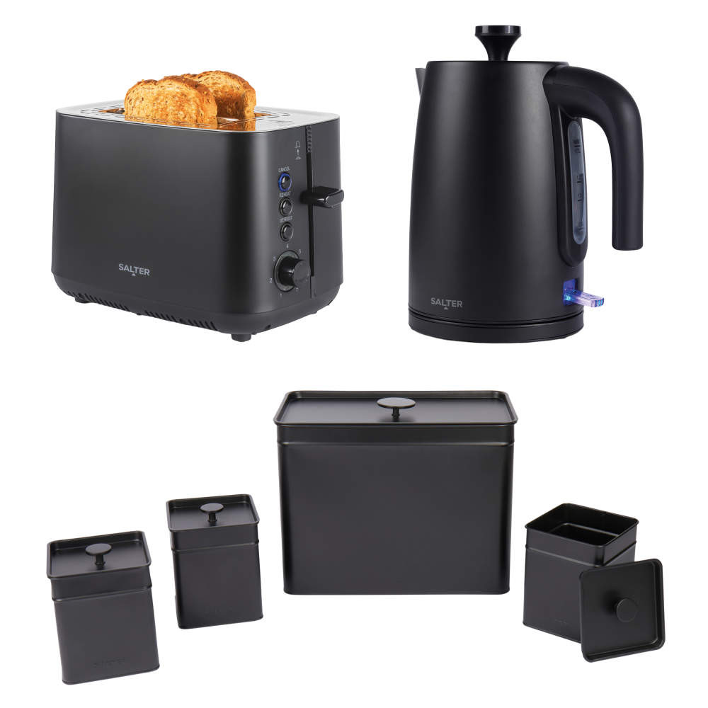 salter Kuro Kettle 2-Slice Toaster & 4-Piece Countertop Canister Set - Black