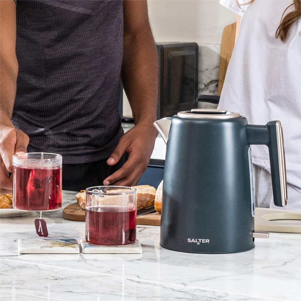 Salter Marino Kettle 4 Slice Toaster & Microwave Set - With Canisters & Bread Bin - Blue /Grey