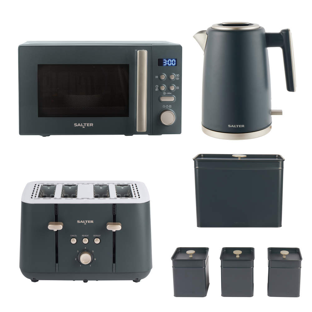 salter Marino Kettle 4 Slice Toaster & Microwave Set - with Canisters & Bread Bin - Blue /Grey