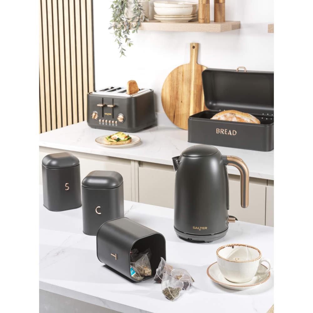 Salter Pebble Kettle 4-Slice Toaster & Bread Bin Set - Charcoal