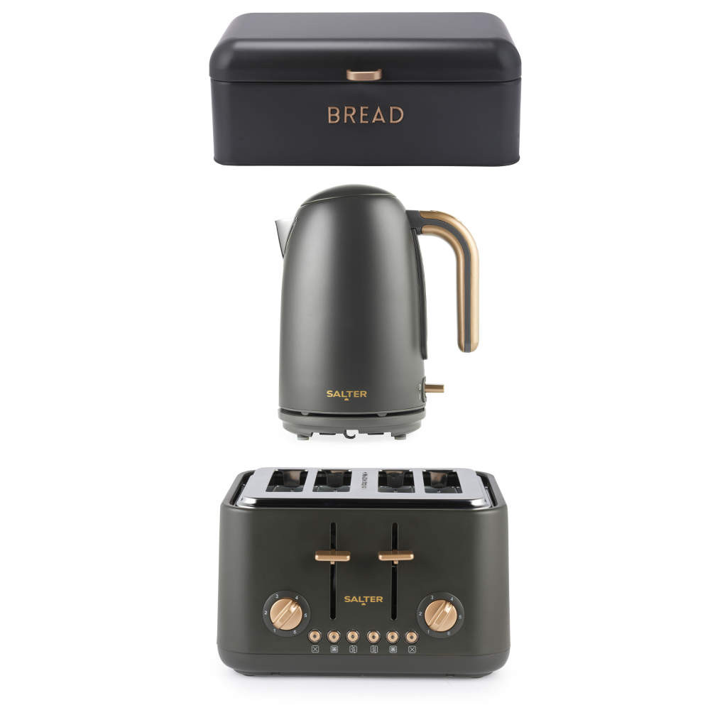 salter Pebble Kettle 4-Slice Toaster & Bread Bin Set - Charcoal