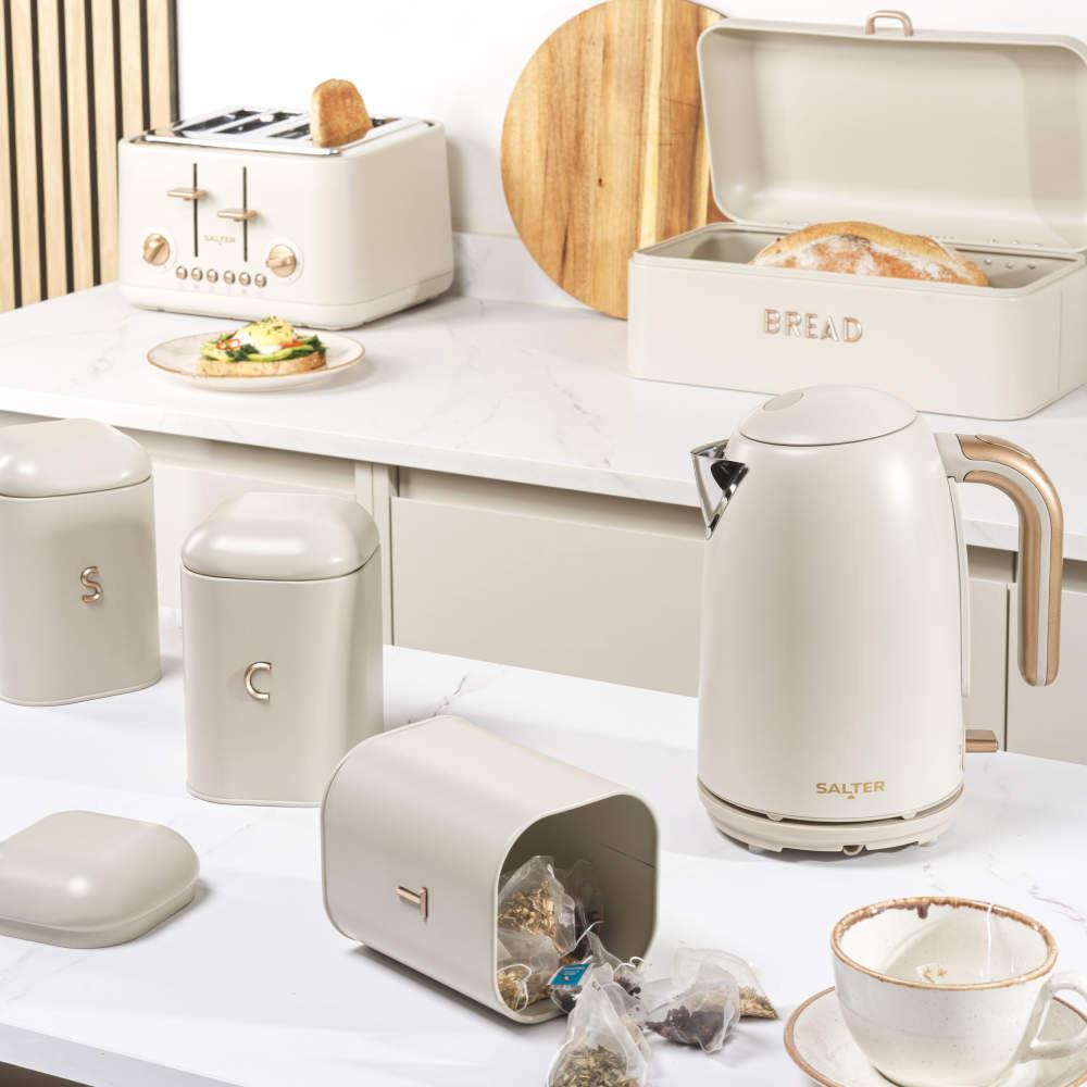 Salter Pebble Kettle 4-Slice Toaster & Bread Bin Set - Stone