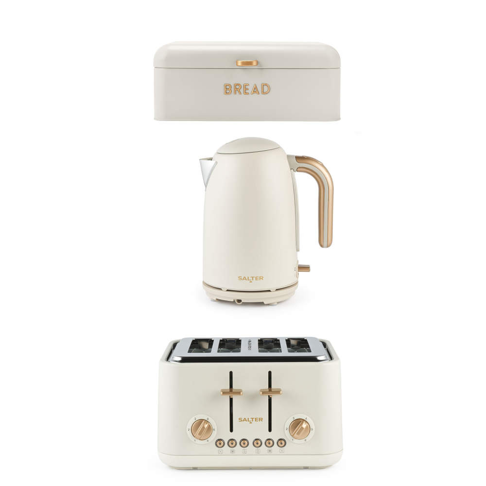 salter Pebble Kettle 4-Slice Toaster & Bread Bin Set - Stone