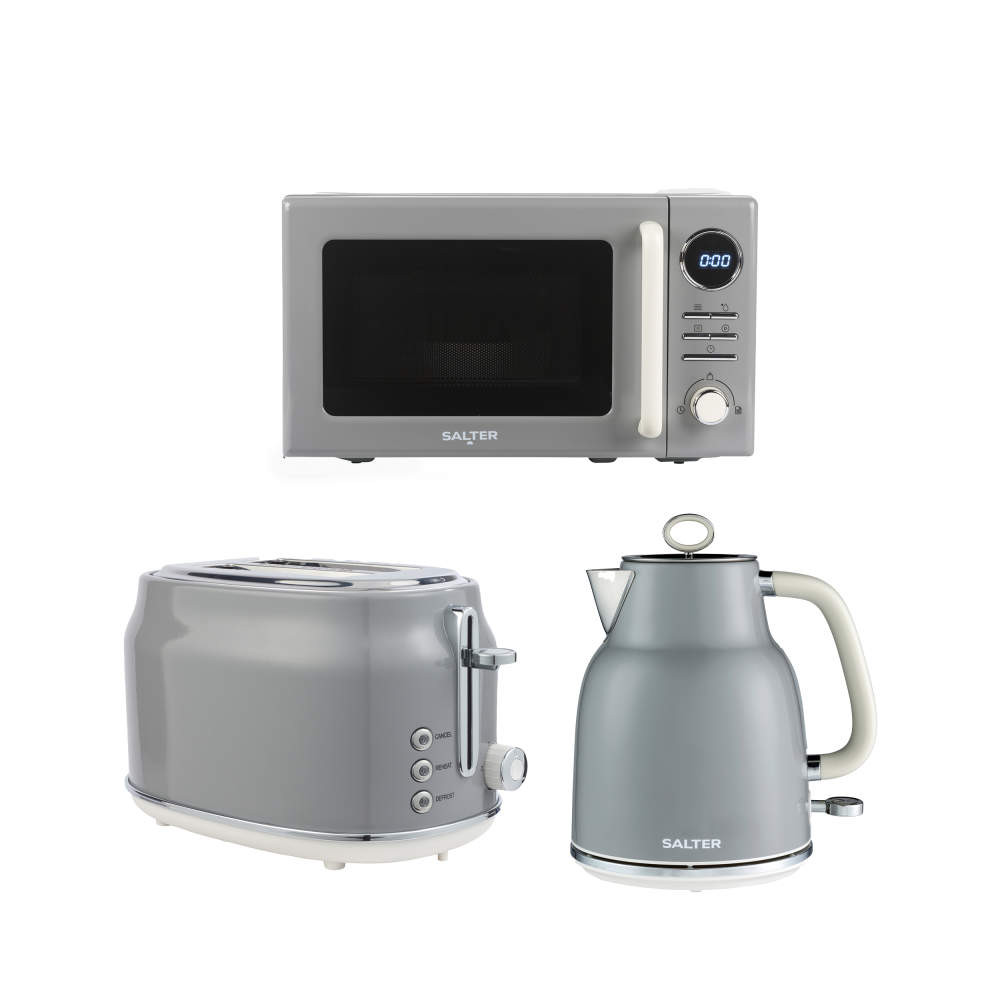 salter Retro Grey Kettle 2-Slice Toaster & Microwave Set