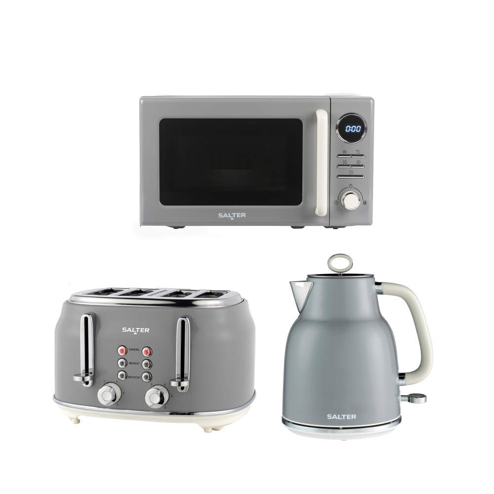 salter Retro Grey Kettle 4-Slice Toaster & Microwave Set