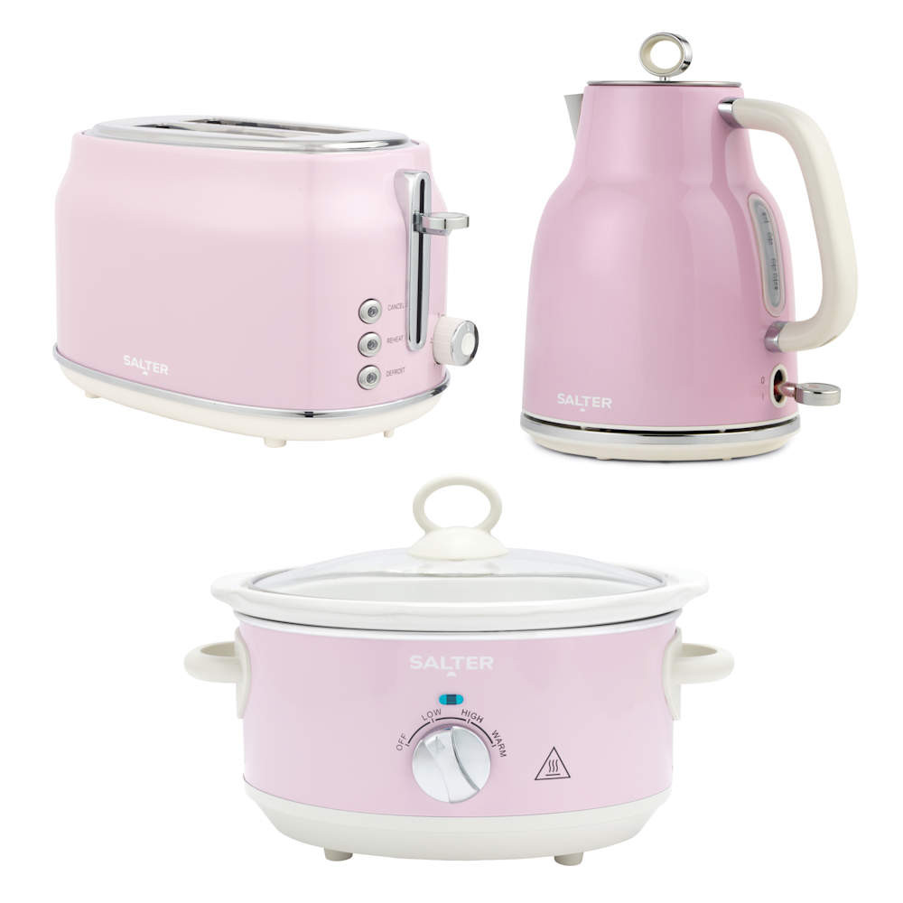 salter Retro Pink 2 Slice Toaster Kettle & 3.5L Slow Cooker Set