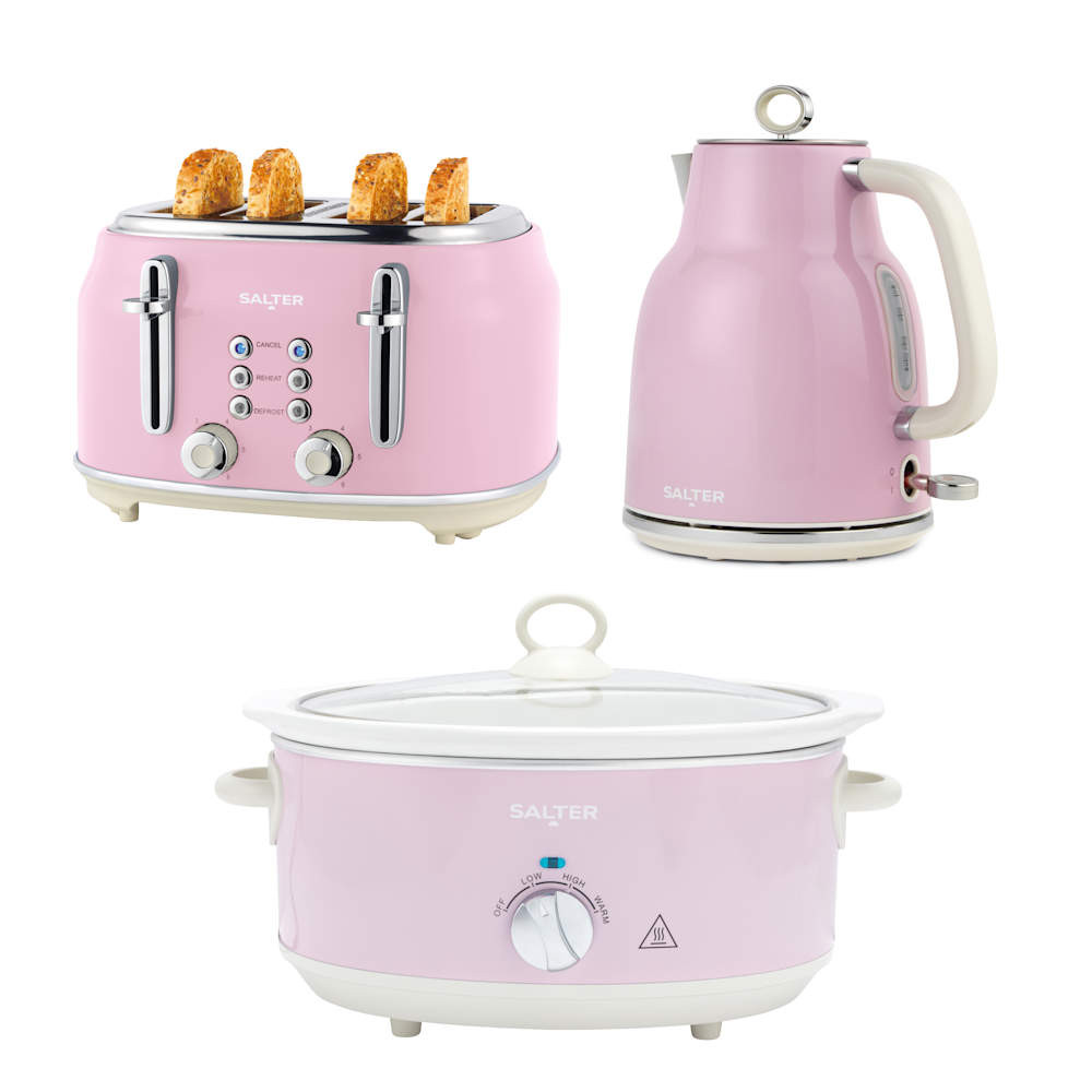 salter Retro Pink 2 slice Toaster Kettle & 6.5L Slow Cooker Set