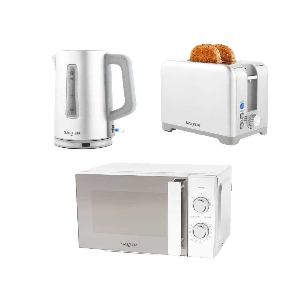 salter Aspen Kettle Toaster & Microwave Set – Silver