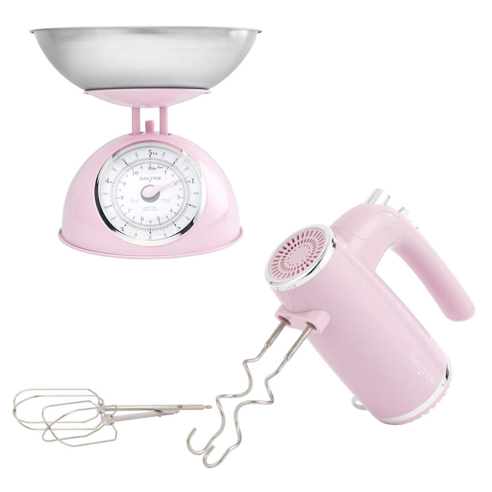 salter Retro Pink Hand Mixer & Mechanical Scale Set