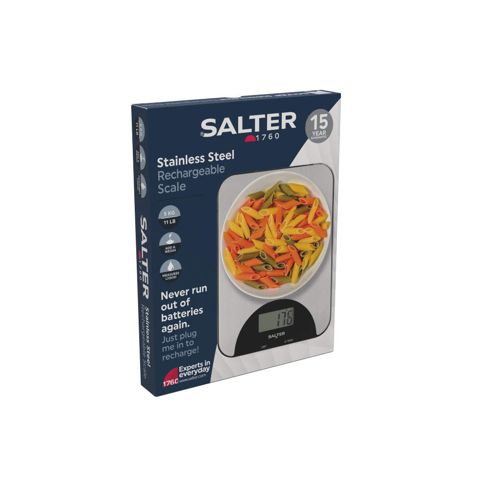 Salter Stainless Steel Rechargeable Scale – Silver