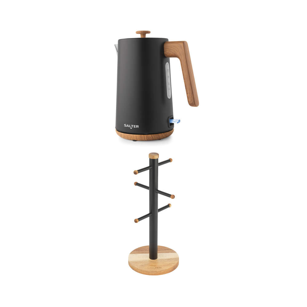 salter Toronto Kettle & Mug Tree Set – Matt Black/Wooden Accents