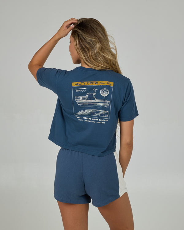salty crew Boat Shop Crop Tee - Indigo