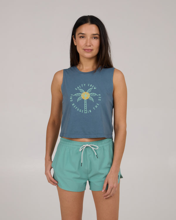 salty crew Queen Palm Cropped Tank - Fin Blue