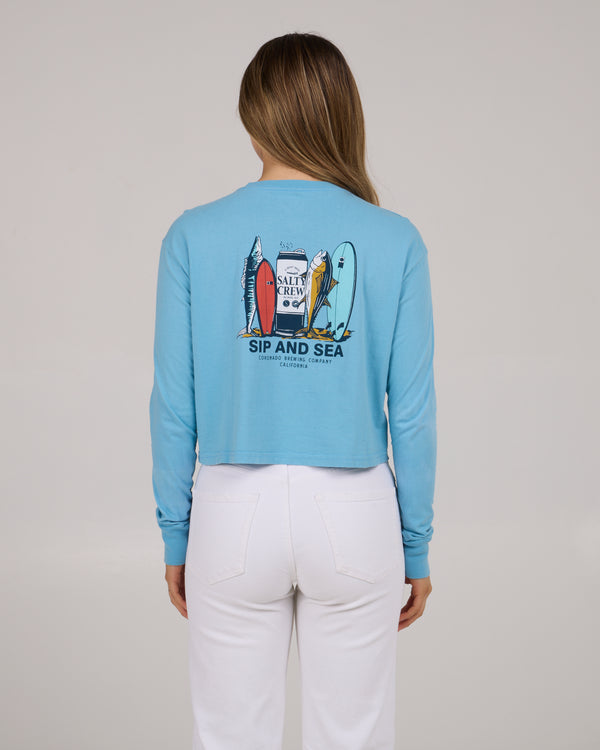 Salty Crew Sip & Sea Long Sleeve Crop Tee - Lagoon Blue