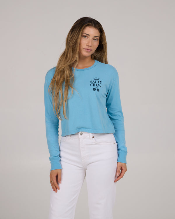 salty crew Sip & Sea Long Sleeve Crop Tee - Lagoon Blue