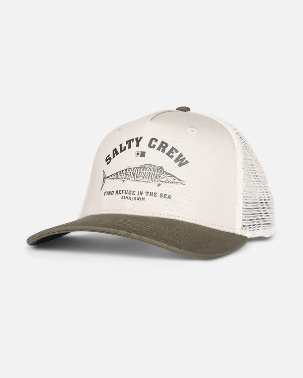 salty crew Wahoo Stamp Retro Trucker Hat - Oyster/Olive