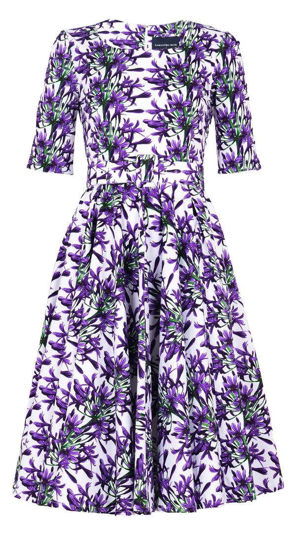 Samantha Sung Abelia Dress Boat Neck 1/2 Sleeve Long Length Cotton Stretch (Tinker Bell Flower)