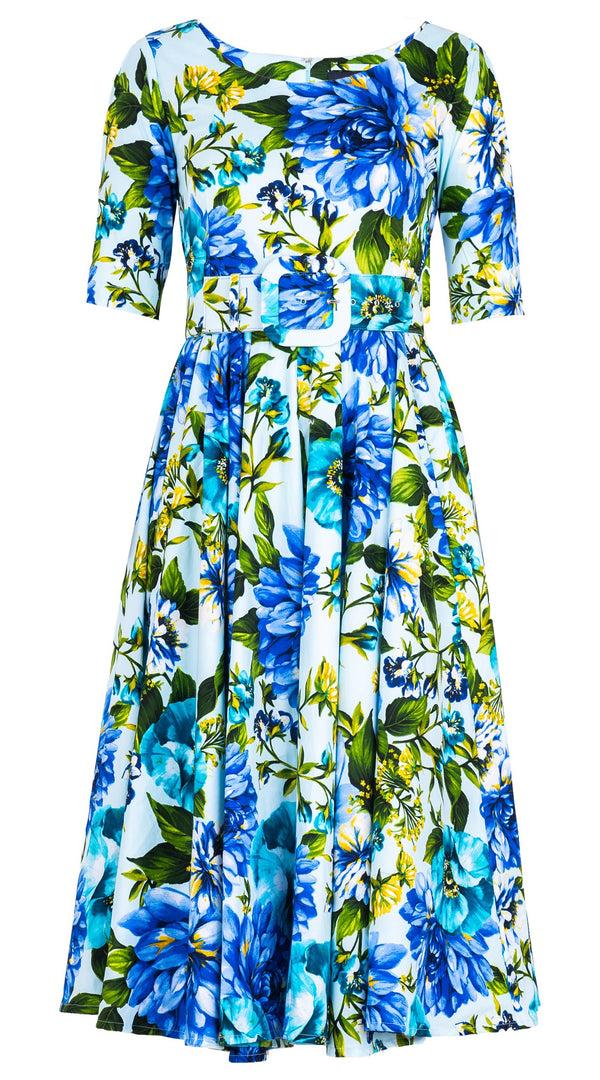 Samantha Sung Abelia Dress Boat Neck 1/2 Sleeve Midi Length Cotton Stretch (Los Cabos Flower White)