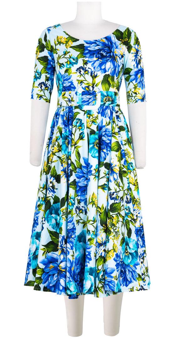 samantha sung Abelia Dress Boat Neck 1/2 Sleeve Midi Length Cotton Stretch (Los Cabos Flower White)