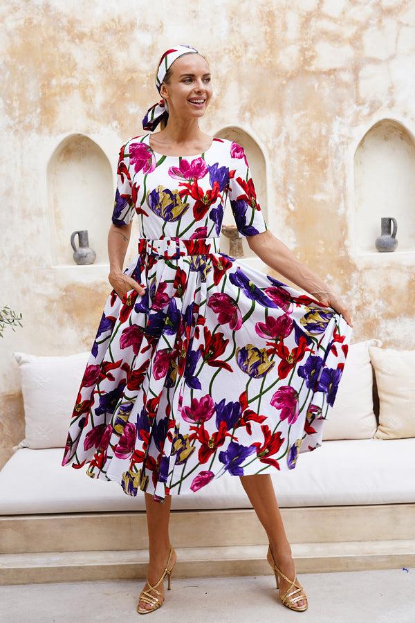 samantha sung Abelia Dress Boat Neck 1/2 Sleeve Midi Length Cotton Stretch (Rambrandt Tulip)