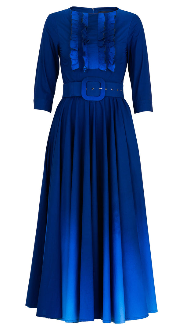 Samantha Sung Abelia Dress Boat Neck Ruffle 3/4 Sleeve Midi Length Cotton Stretch (Ombre New)