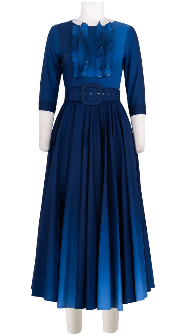 samantha sung Abelia Dress Boat Neck Ruffle 3/4 Sleeve Midi Length Cotton Stretch (Ombre New)