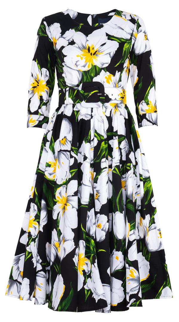 Samantha Sung Abelia Dress Crew Neck 3/4 Sleeve Midi Length Cotton Stretch (Emperor Tulip Bright)
