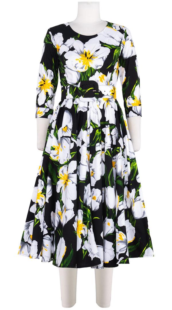 samantha sung Abelia Dress Crew Neck 3/4 Sleeve Midi Length Cotton Stretch (Emperor Tulip Bright)