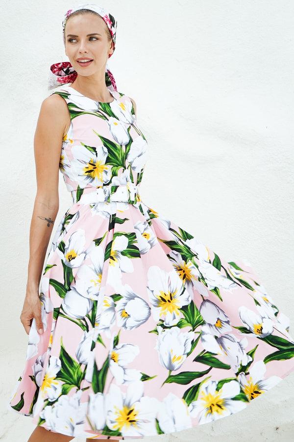 Samantha Sung Abelia Dress Crew Neck Sleeveless Long Length Cotton Stretch (Emperor Tulip Pastel)