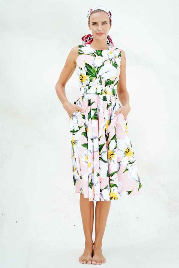 samantha sung Abelia Dress Crew Neck Sleeveless Long Length Cotton Stretch (Emperor Tulip Pastel)