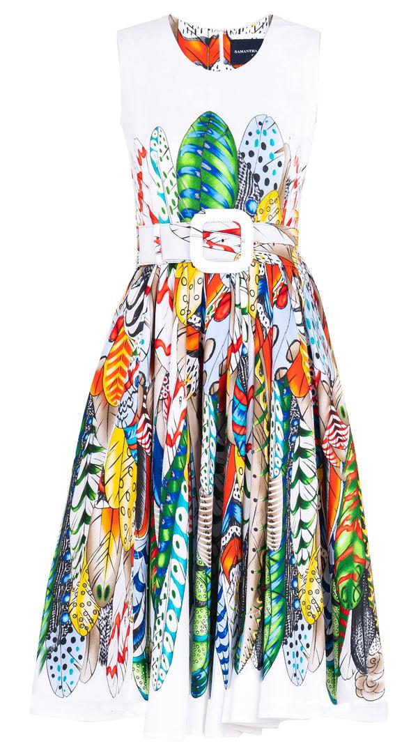 Samantha Sung Abelia Dress Crew Neck Sleeveless Long Length Cotton Stretch (African Feather)