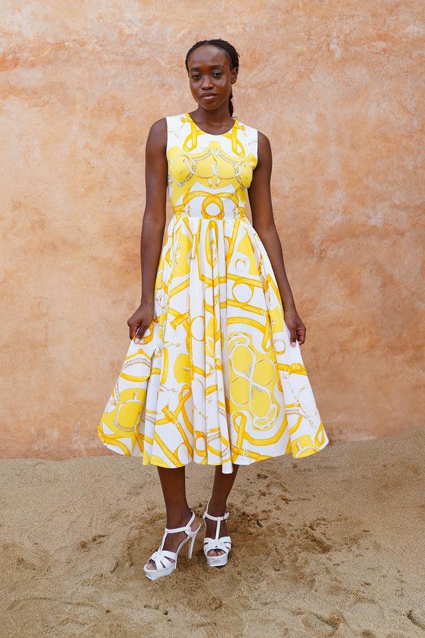 Samantha Sung Abelia Dress Crew Neck Sleeveless Midi Length Cotton Stretch (Secretariat Horse White Bright)