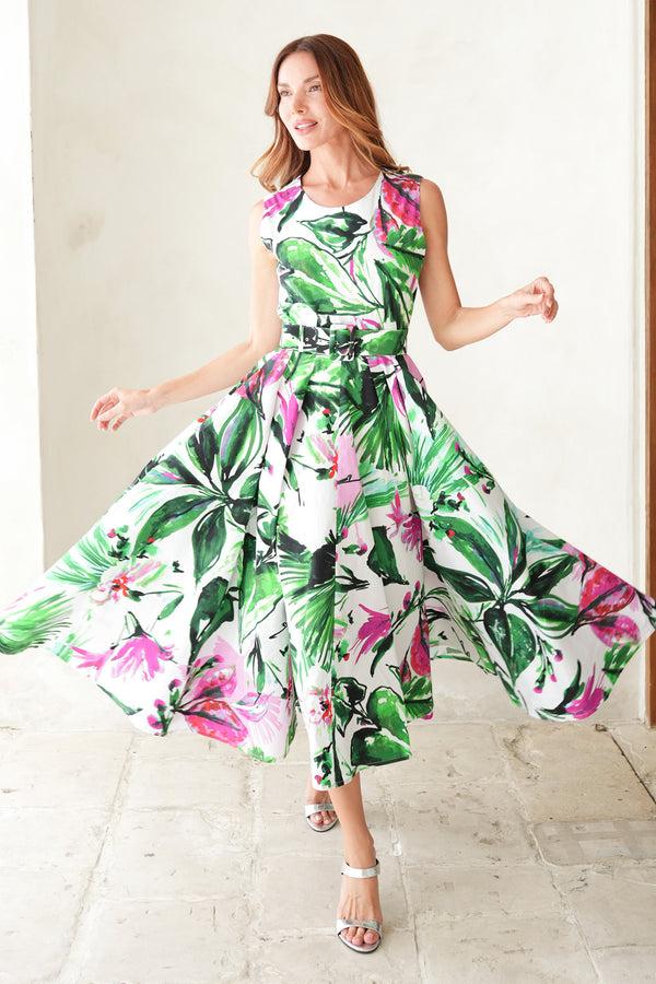 samantha sung Abelia Dress Crew Neck Sleeveless Midi Length Cotton Stretch (Mozambique Flower White)