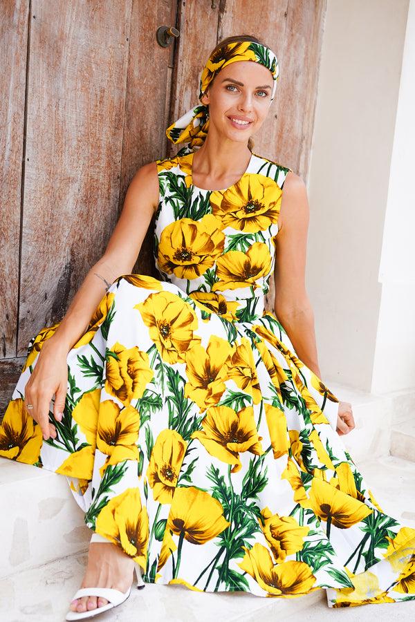 samantha sung Abelia Dress Crew Neck Sleeveless Midi Length Cotton Stretch (Poppy Poland Big)