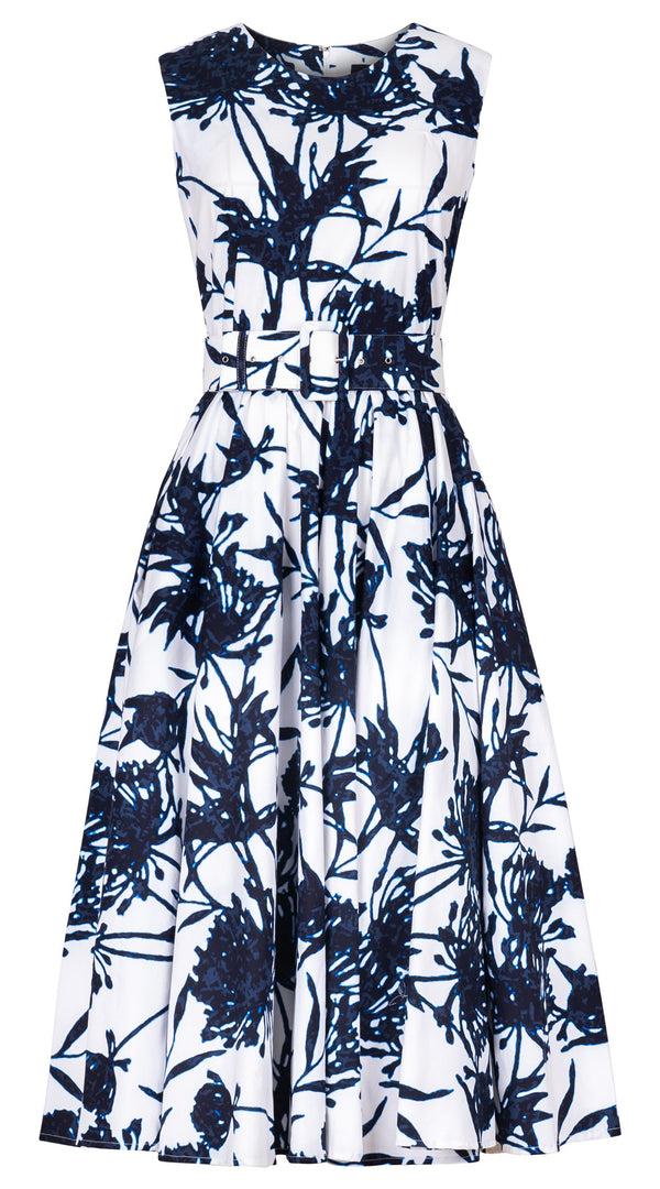 Samantha Sung Abelia Dress Crew Neck Sleeveless Midi Length Cotton Stretch (Primavery Silhouette White)