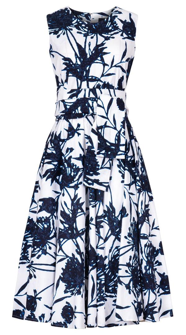 Samantha Sung Abelia Dress Crew Neck Sleeveless Midi Length Cotton Stretch (Primavery Silhouette White)