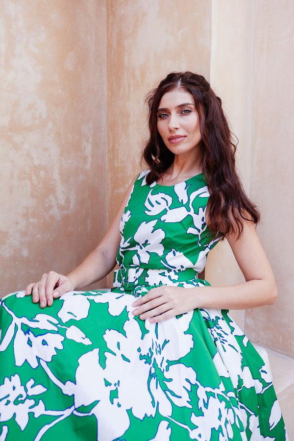 Samantha Sung Abelia Dress Crew Neck Sleeveless Midi Length Cotton Stretch (Hemingway Flower Ground)