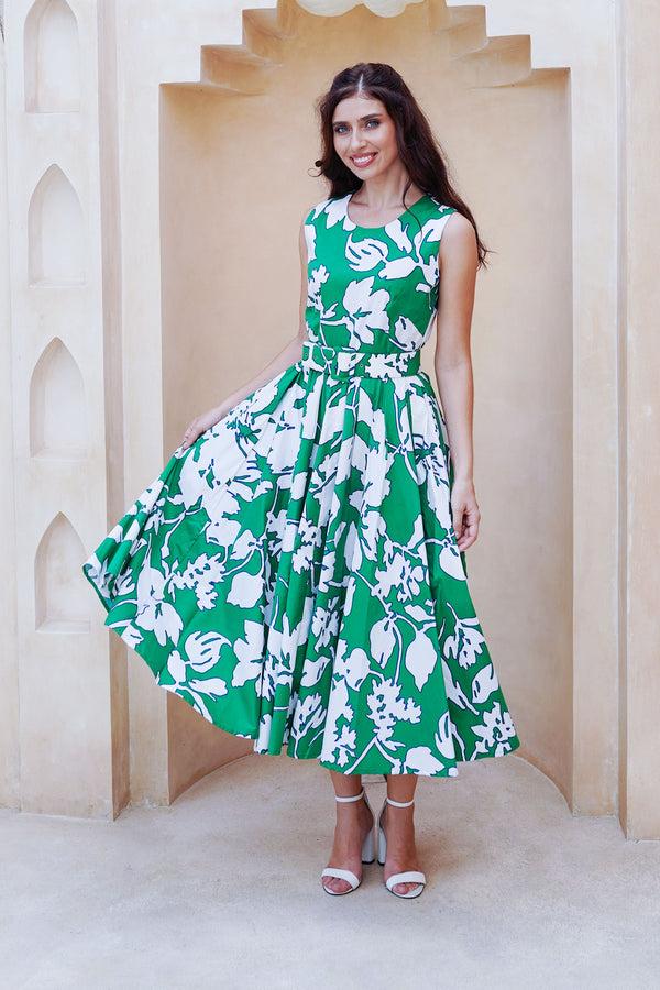 Samantha Sung Abelia Dress Crew Neck Sleeveless Midi Length Cotton Stretch (Hemingway Flower Ground)