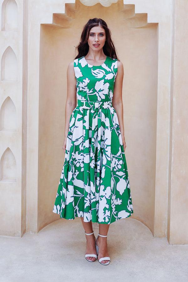 samantha sung Abelia Dress Crew Neck Sleeveless Midi Length Cotton Stretch (Hemingway Flower Ground)