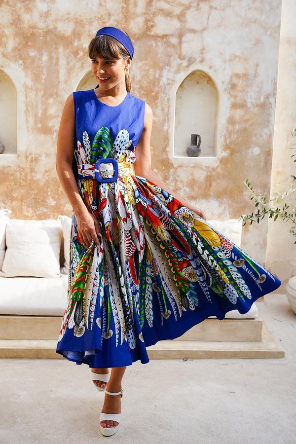 samantha sung Abelia Dress Crew Neck Sleeveless Midi Length Cotton Stretch (African Feather)