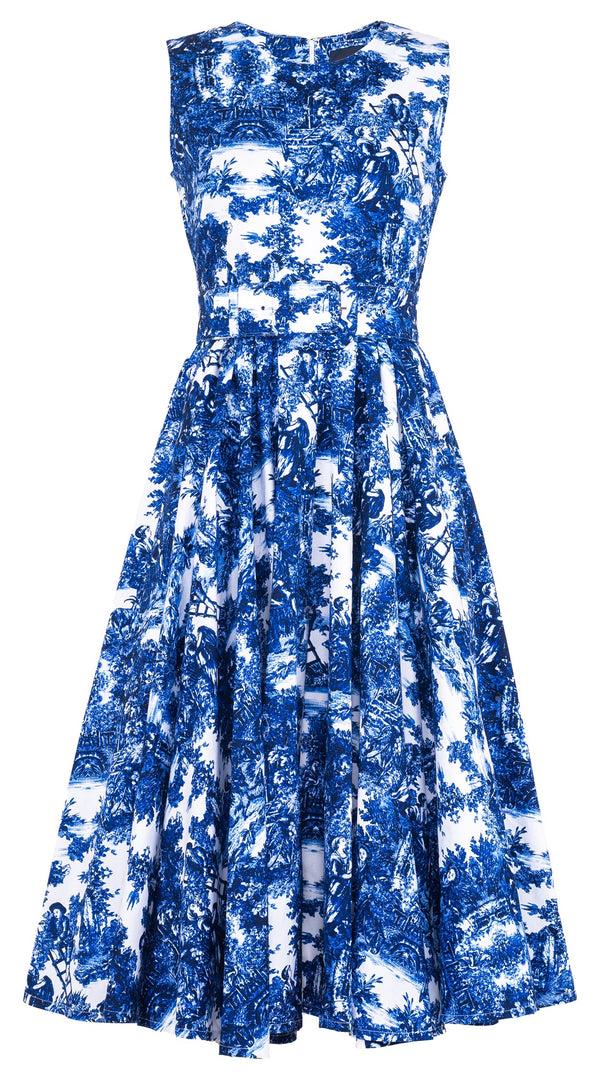 Samantha Sung Abelia Dress Crew Neck Sleeveless Midi Length Cotton Stretch (Antilles Toile White)