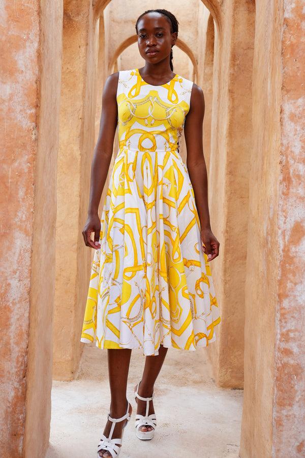 samantha sung Abelia Dress Crew Neck Sleeveless Midi Length Cotton Stretch (Secretariat Horse White Bright)